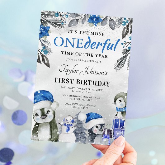 Winter Onederland Penguin Christmas 1st Birthday I 招待状