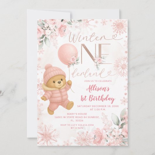 Winter ONEderland Pink Bear Balloon 1st Birthday 招待状 (正面)