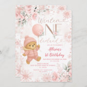 Winter ONEderland Pink Bear Balloon 1st Birthday 招待状 (正面/裏面)