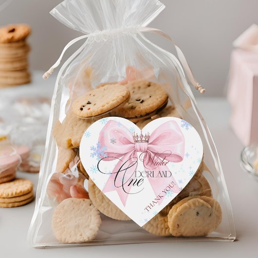 Winter ONEderland Pink Bow 1st Birthday Party ハートシール