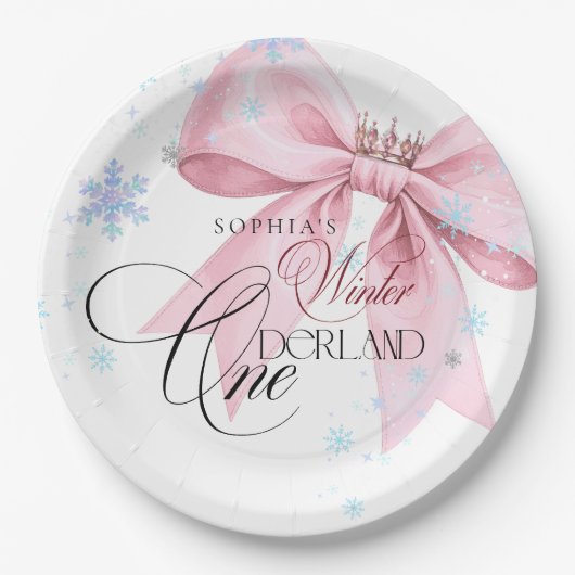 Winter ONEderland Pink Bow 1st Birthday Party ペーパープレート (正面)
