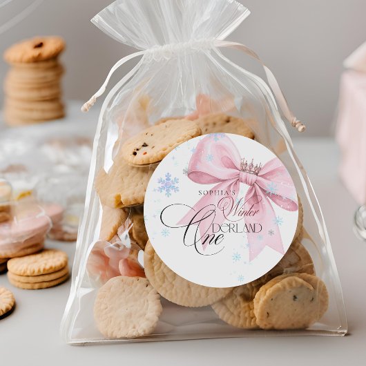 Winter ONEderland Pink Bow 1st Birthday Party ラウンドシール