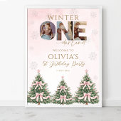 Winter Onederland Pink Bow 1st Birthday Welcome ポスター