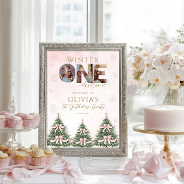 Winter Onederland Pink Bow 1st Birthday Welcome ポスター