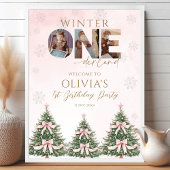 Winter Onederland Pink Bow 1st Birthday Welcome ポスター