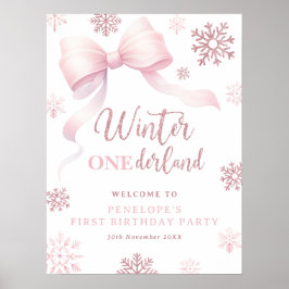 Winter Onederland Pink Bow 1st Birthday Welcome ポスター