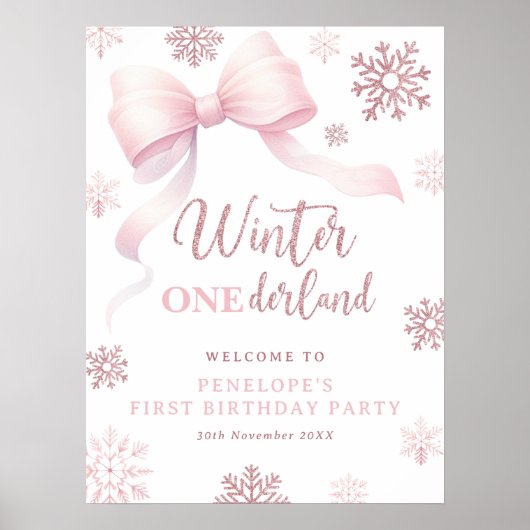 Winter Onederland Pink Bow 1st Birthday Welcome ポスター (正面)