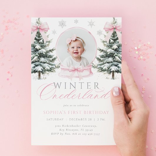 Winter ONEderland Pink Bow First Birthday 招待状