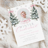 Winter ONEderland Pink Bow First Birthday 招待状