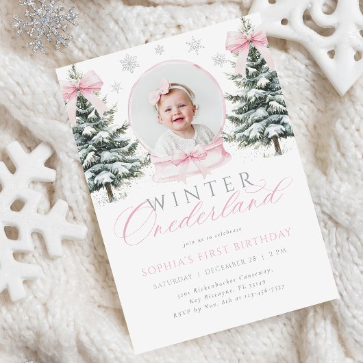 Winter ONEderland Pink Bow First Birthday 招待状