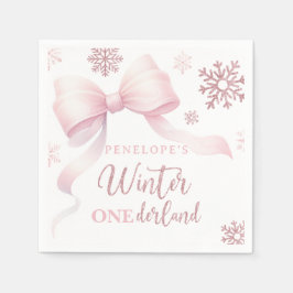 Winter Onederland Pink Bow Girl 1st Birthday スタンダードカクテルナプキン