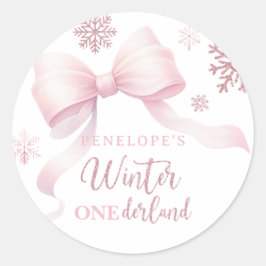 Winter Onederland Pink Bow Girl 1st Birthday ラウンドシール