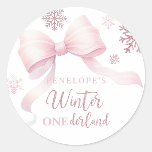 Winter Onederland Pink Bow Girl 1st Birthday ラウンドシール (正面)