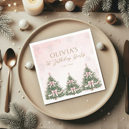 Winter Onederland Pink Bow Pine Trees 1st Birthday スタンダードカクテルナプキン