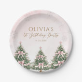 Winter Onederland Pink Bow Pine Trees 1st Birthday ペーパープレート (正面)