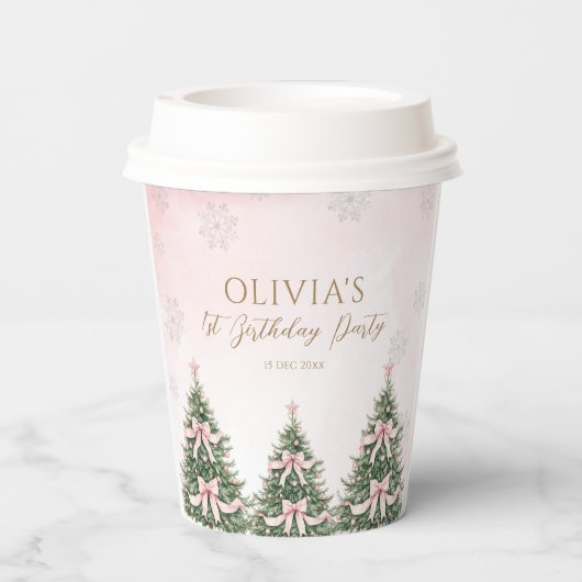 Winter Onederland Pink Bow Pine Trees 1st Birthday 紙コップ (裏面)