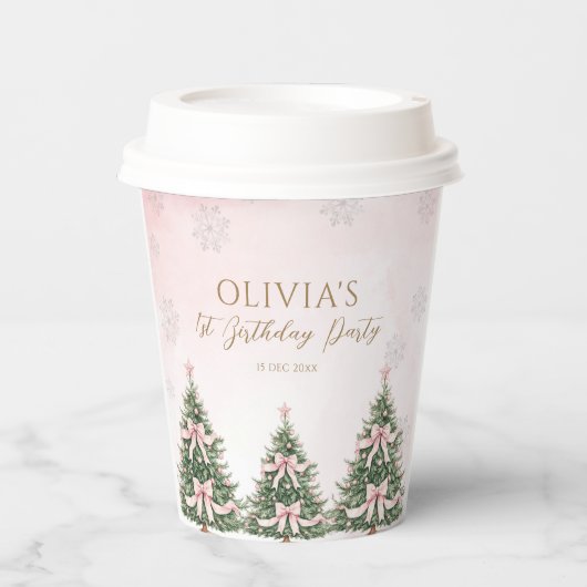 Winter Onederland Pink Bow Pine Trees 1st Birthday 紙コップ (正面)