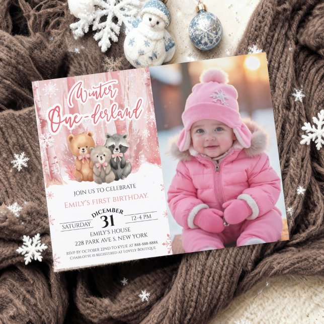 Winter Onederland Pink First Bday Photo Invitation (クリエイターアップロード済み)