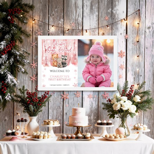 Winter Onederland Pink First Photo Welcome Sign ポスター