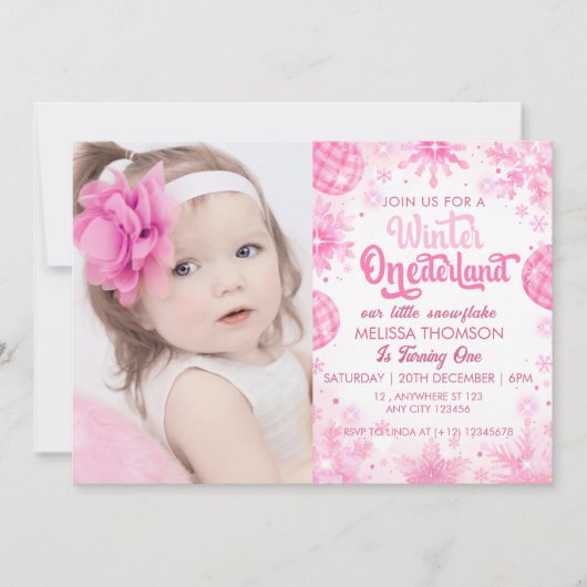 Winter Onederland Pink Snowflake Birthday Photo  招待状 (正面)