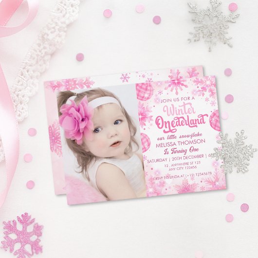 Winter Onederland Pink Snowflake Birthday Photo  招待状