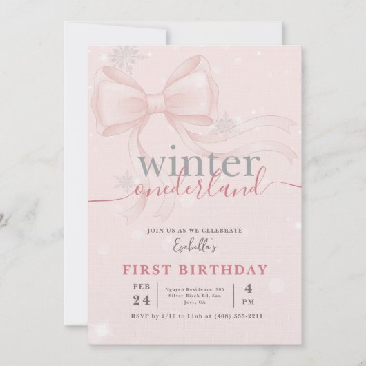 Winter Onederland Pink Snowflake Bow 1st Birthday 招待状 (正面)