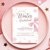 Winter Onederland Pink Snowflake Bow 1st Birthday 招待状