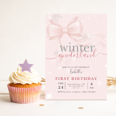 Winter Onederland Pink Snowflake Bow 1st Birthday 招待状