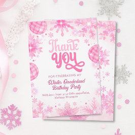 Winter Onederland Pink Snowflake First Birthday  サンキューカード