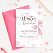 Winter Onederland Pink Snowflake First Birthday 招待状