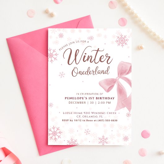 Winter Onederland Pink Snowflake First Birthday 招待状
