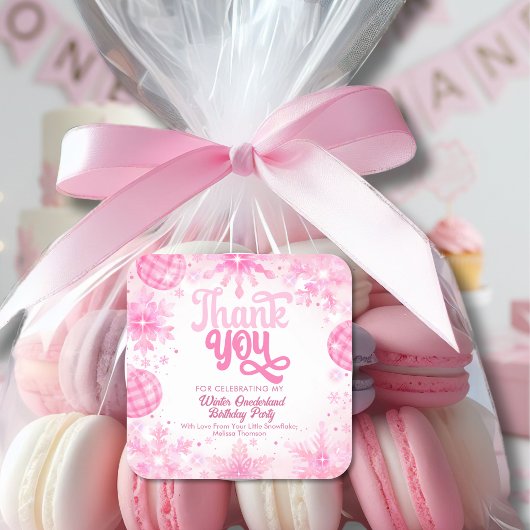 Winter Onederland Pink Snowflakes Thank You  スクエアシール