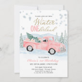 Winter Onederland Pink Truck First Birthday 招待状 (正面)