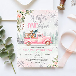 Winter ONEderland Pink Truck Girl 1st Birthday 招待状