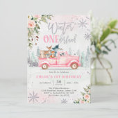 Winter ONEderland Pink Truck Girl 1st Birthday 招待状 (スタンド正面)