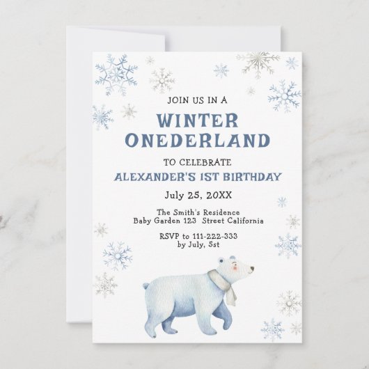 Winter Onederland Polar Bear 1st Birthday  招待状 (正面)