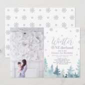Winter Onederland Purple Girl 1st Birthday Photo 招待状 (正面/裏面)