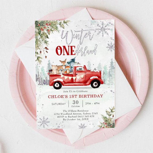 Winter ONEderland Red Truck 1st Birthday 招待状