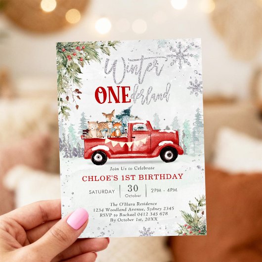 Winter ONEderland Red Truck 1st Birthday Invitatio 招待状