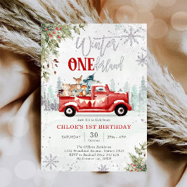 Winter ONEderland Red Truck Birthday Invitation 招待状