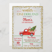 Winter Onederland red truck boy 1st birthday. 招待状 (正面/裏面)