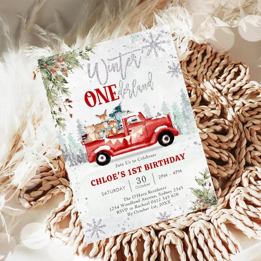 Winter ONEderland Red Truck Girl 1st Birthday  招待状
