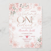 Winter Onederland Rose Gold Snowflake 1st Birthday 招待状 (正面/裏面)