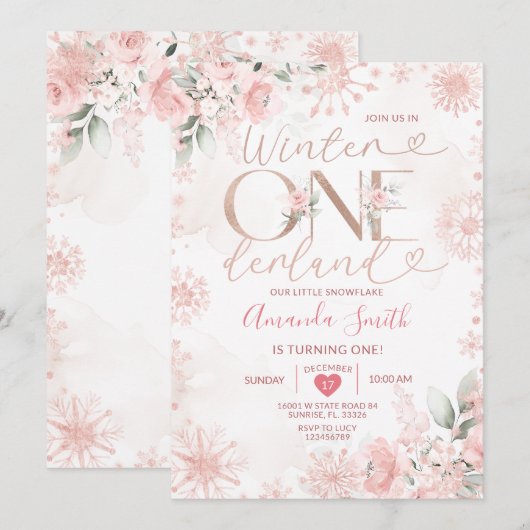Winter Onederland Rose Gold Snowflake 1st Birthday 招待状 (正面/裏面)