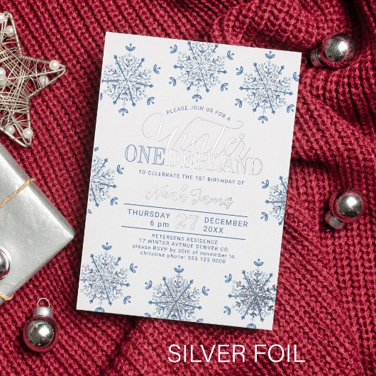 Winter Onederland silver blue boy first birthday 箔招待状