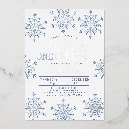 Winter Onederland silver blue boy first birthday 箔招待状 (正面)