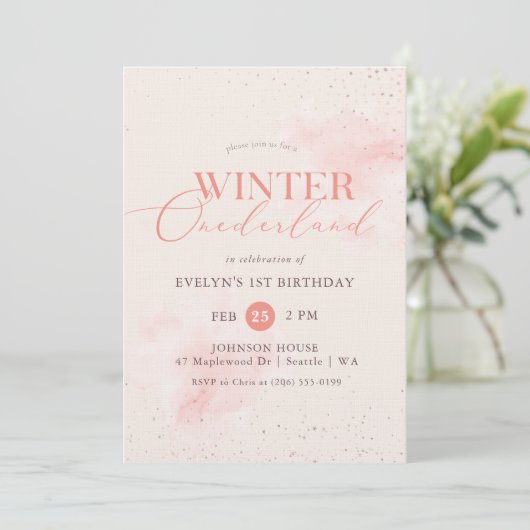Winter ONEderland Silver Pink Glitter 1st Birthday 招待状 (スタンド正面)