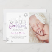 Winter ONEderland Silver Purple 1st Birthday Photo 招待状 (正面)