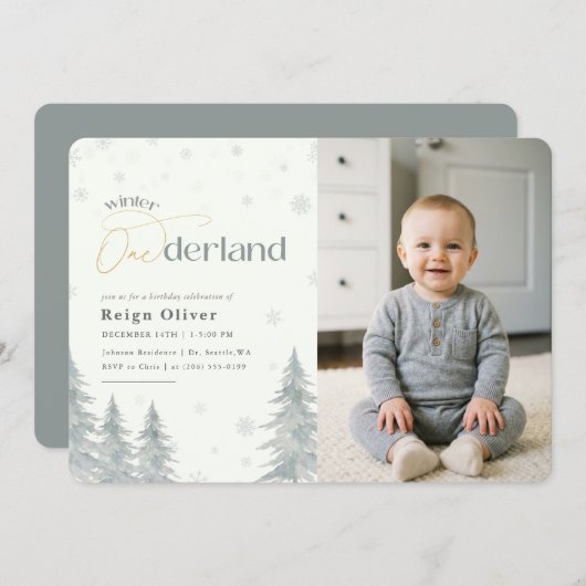 Winter Onederland Silver Snowflake 1st Birthday 招待状 (正面/裏面)