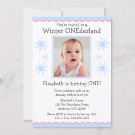 Winter Onederland Snowflakesフォトバースデーパーティー 招待状